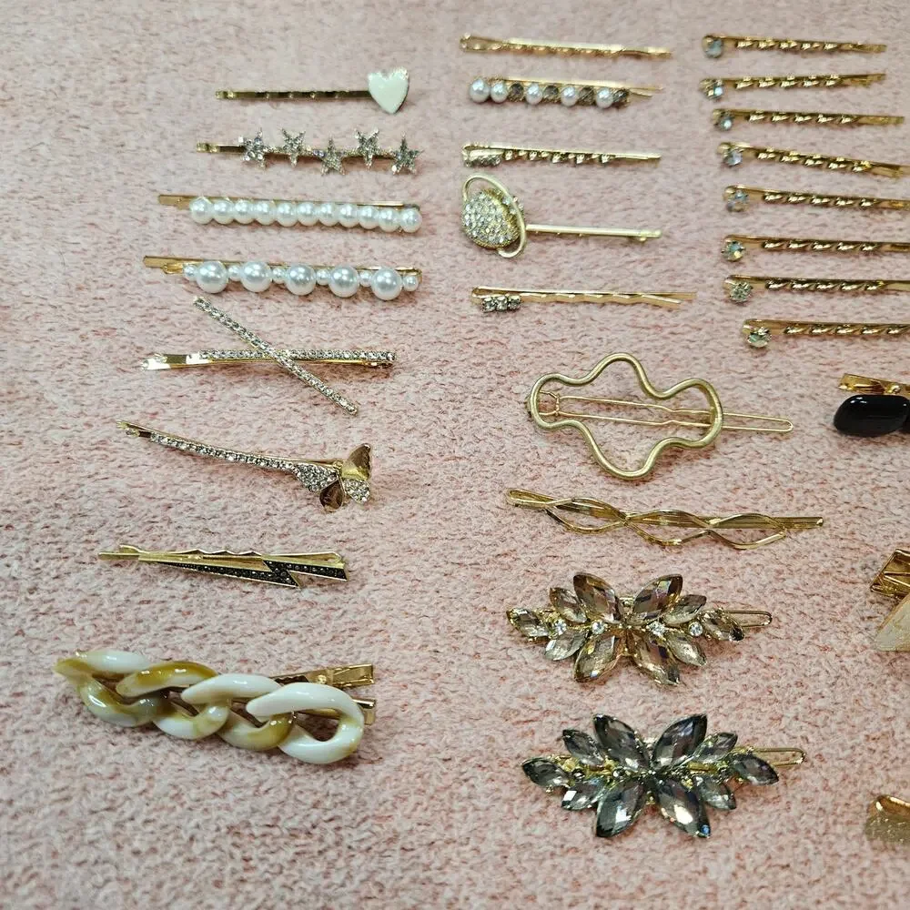 35 Assorted Set of Gold-Tone Fashion Hair Clips- Resin, Faux Pearls, & more!